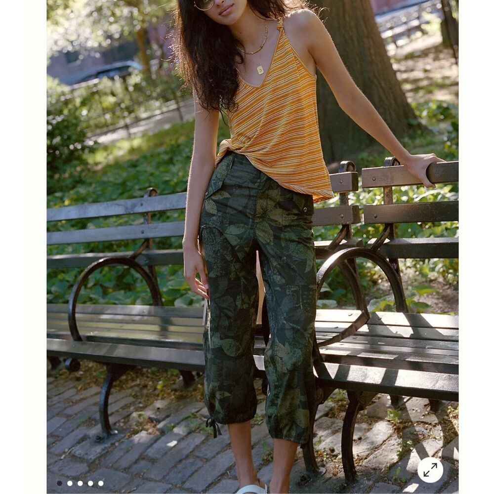 Anthropologie Green Leaf-Print Cropped Pants with Yellow Striped Tank